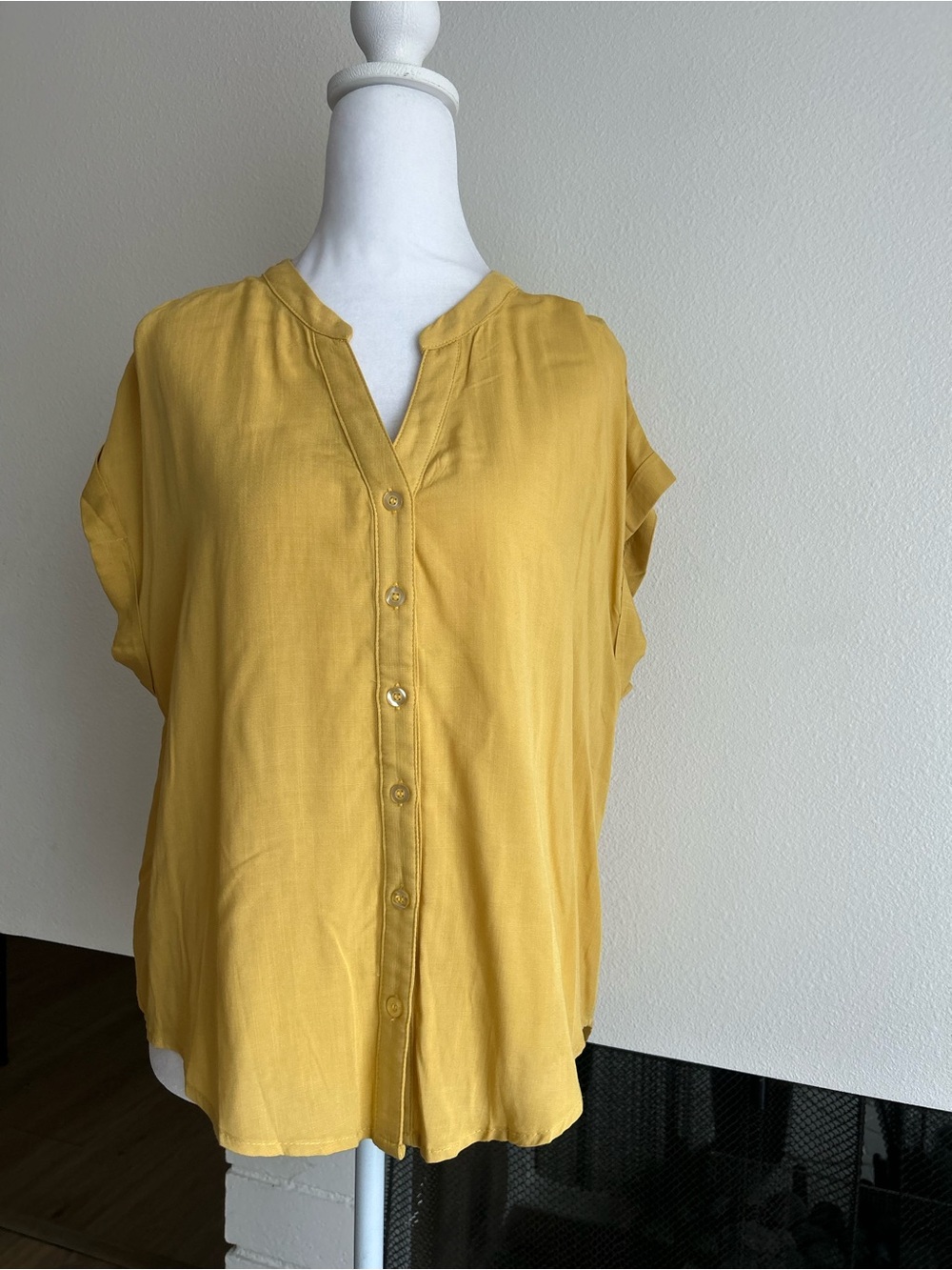 Short-Sleeve Button Front Top in Mustard Yellow - Picture 2 of 7